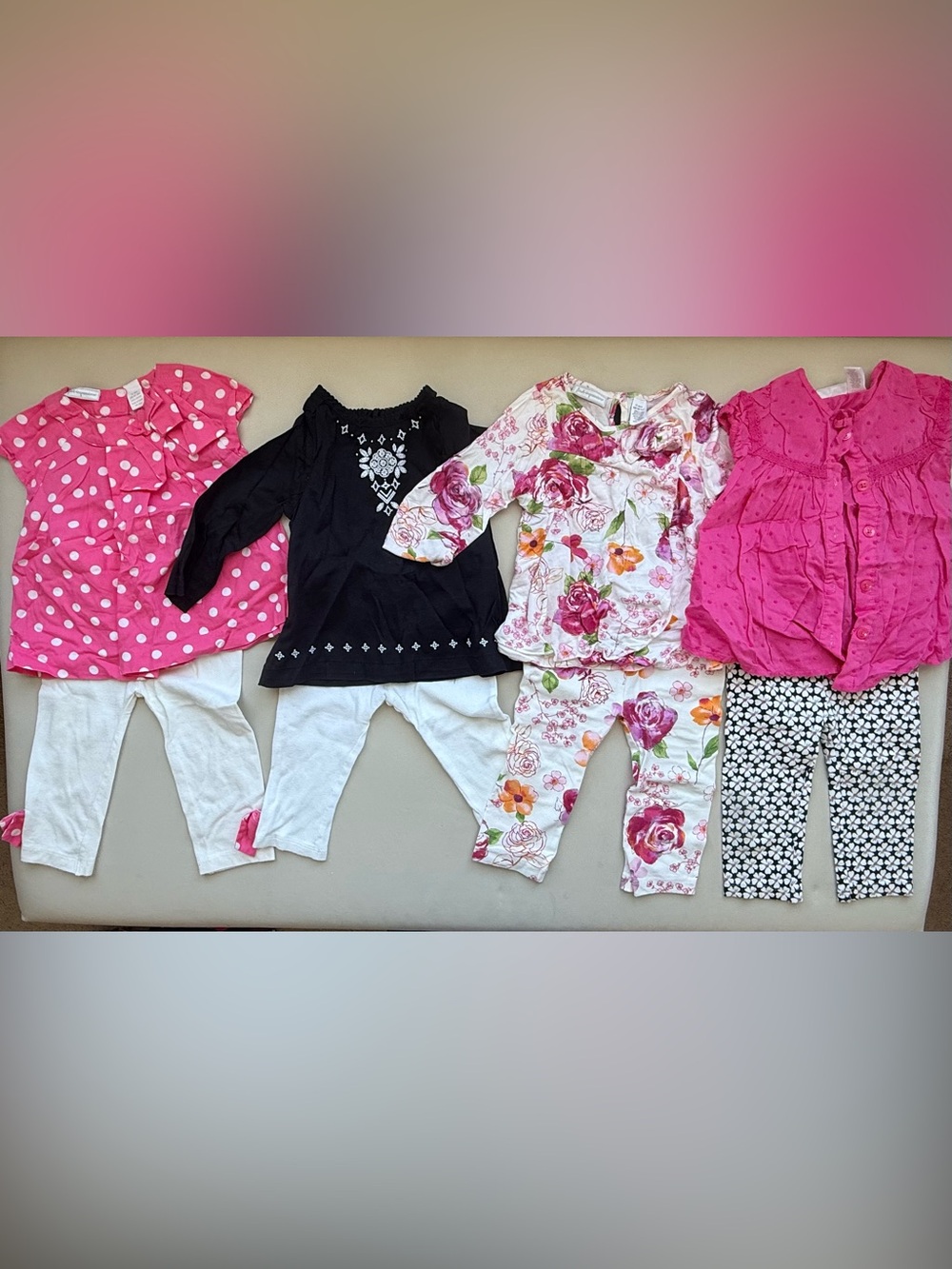 Girls bundle of 4 Top and Leggings Set - White & Pink Roses
